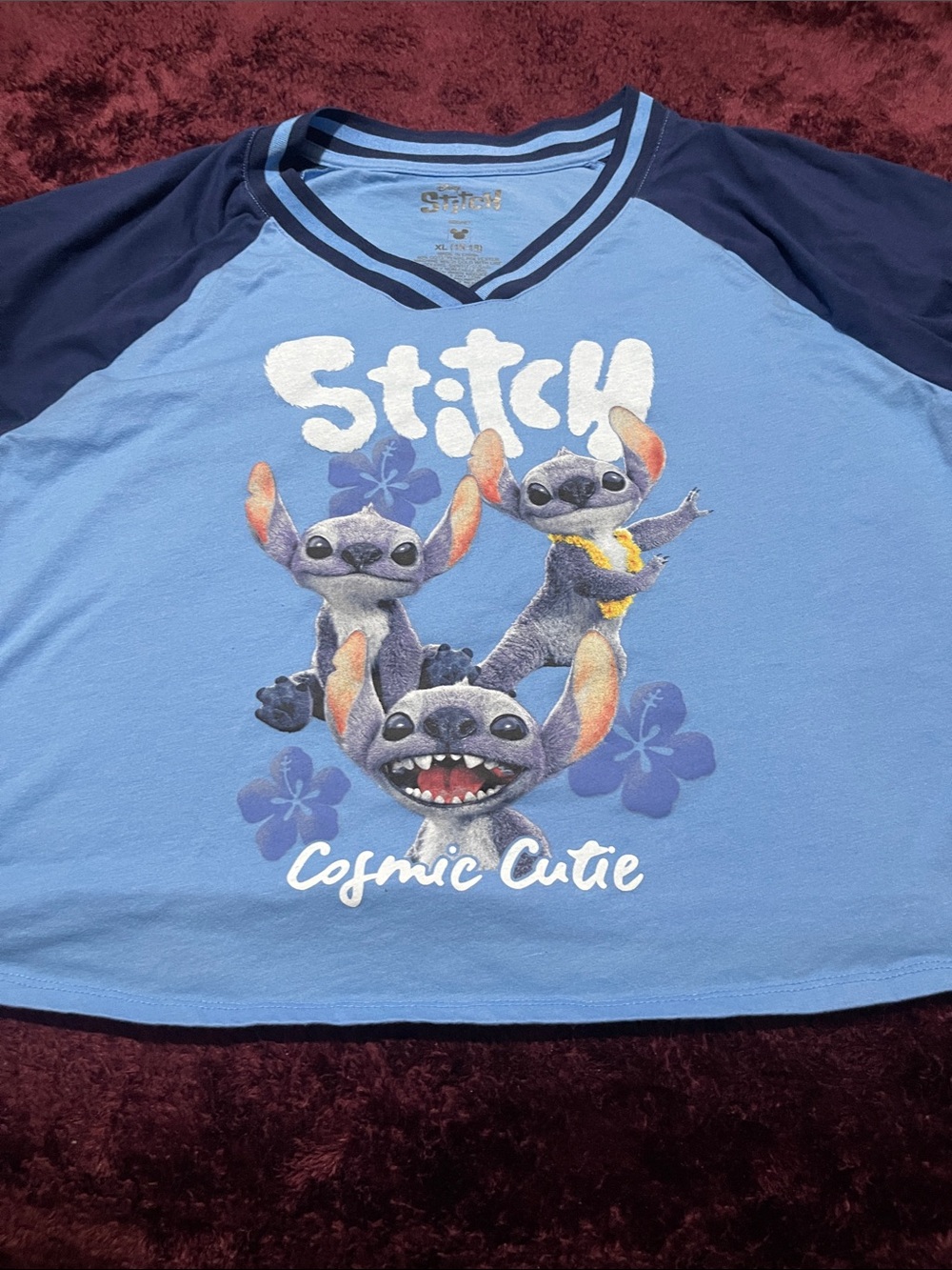 Disney Light Blue & Navy Stitch Raglan Tee - Cosmic Cutie Graphic